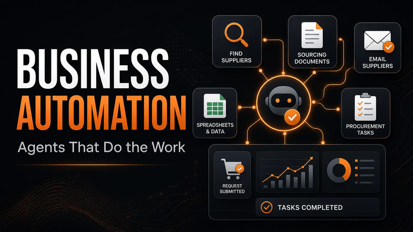 Business automation blog cover with documents, suppliers, dashboards, and AI workflow nodes