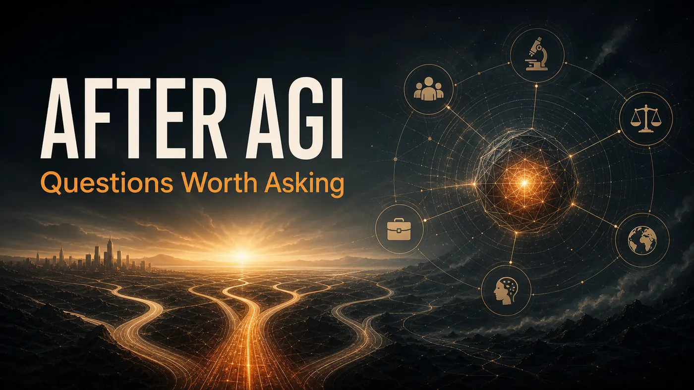 After AGI blog cover with horizon, branching paths, and AI model core