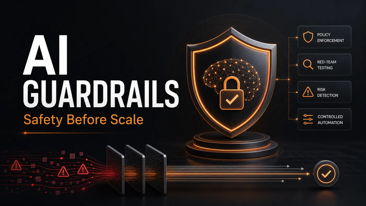AI guardrails blog cover with shield, lock, and automation warnings