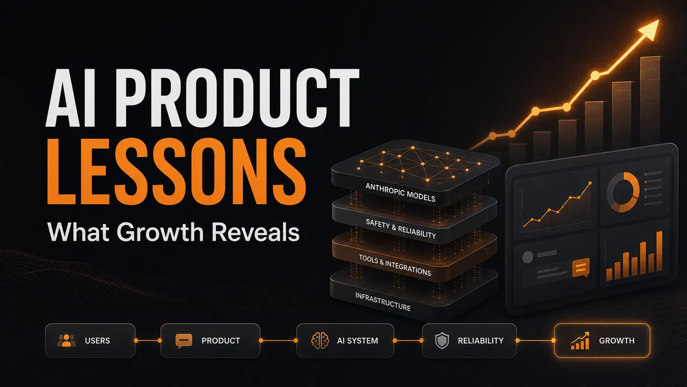 AI product lessons blog cover with growth chart and model layers