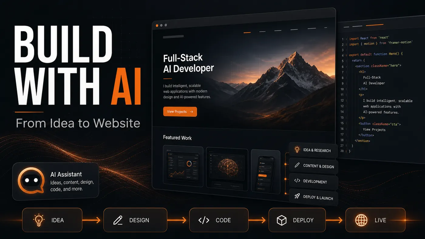 Build with AI blog cover with website layout, code panel, and deployment pipeline