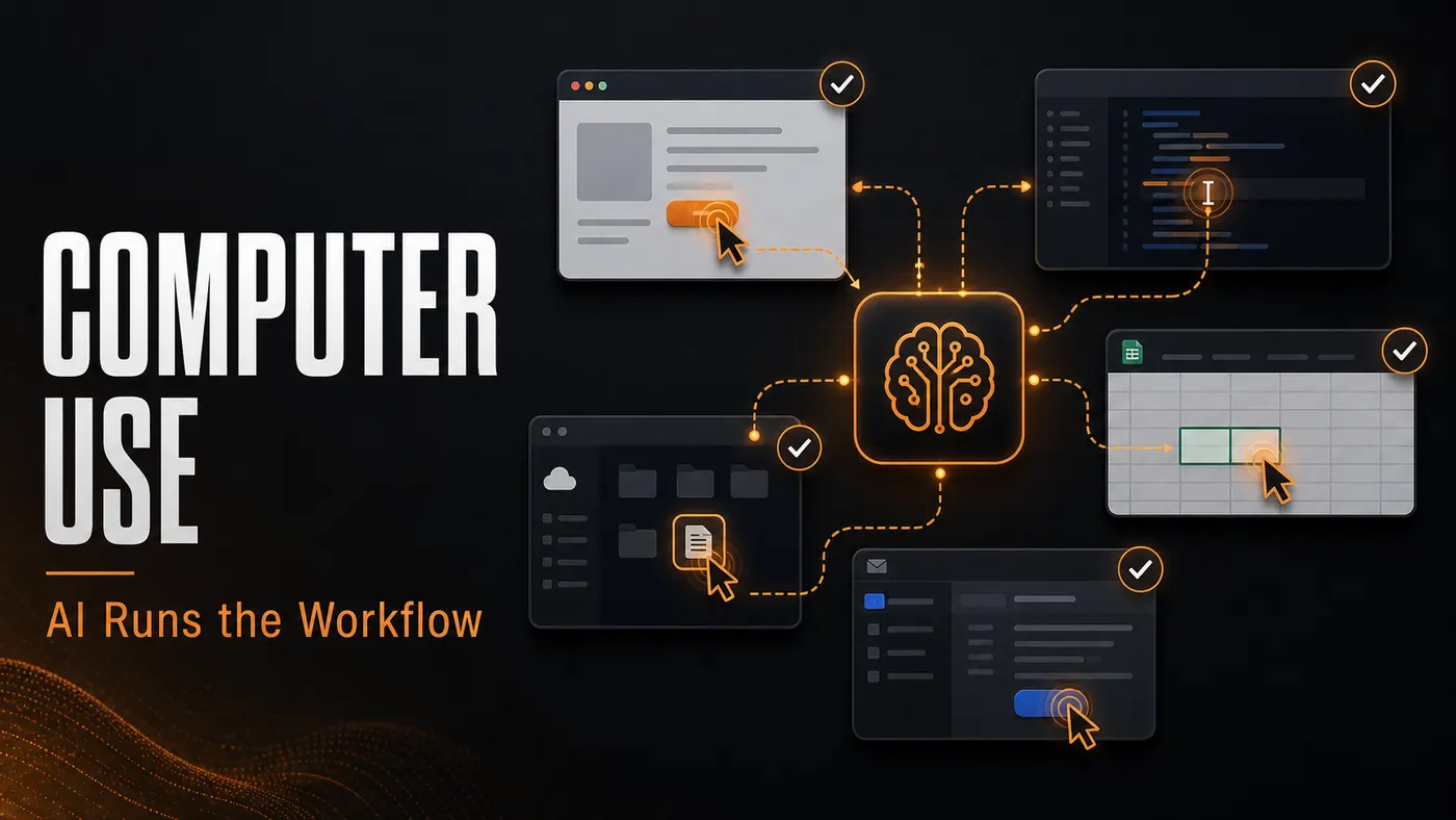 Computer use blog cover with desktop windows and AI workflow connections