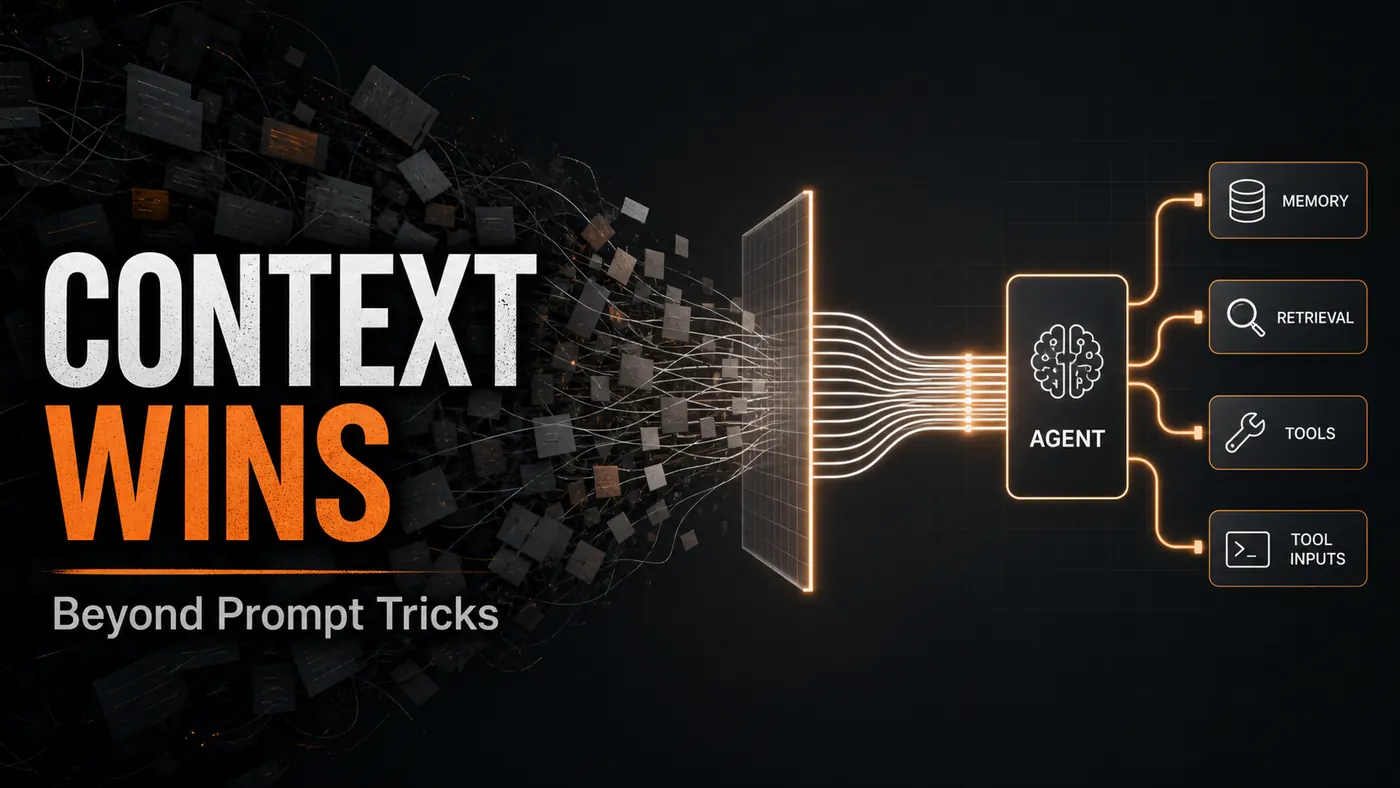 Context wins blog cover with chaotic blocks becoming a clean AI workflow