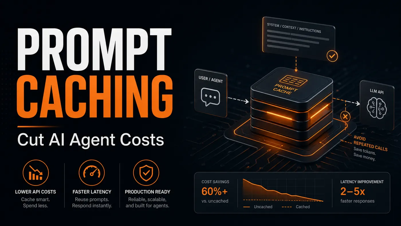 Prompt caching blog cover with AI workflow blocks and orange accents